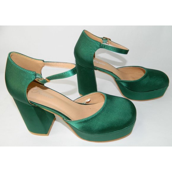 Size 8 Forever Emerald Green Satin Runway Block Heel Closed Toe Shoes Platform - Picture 5 of 16